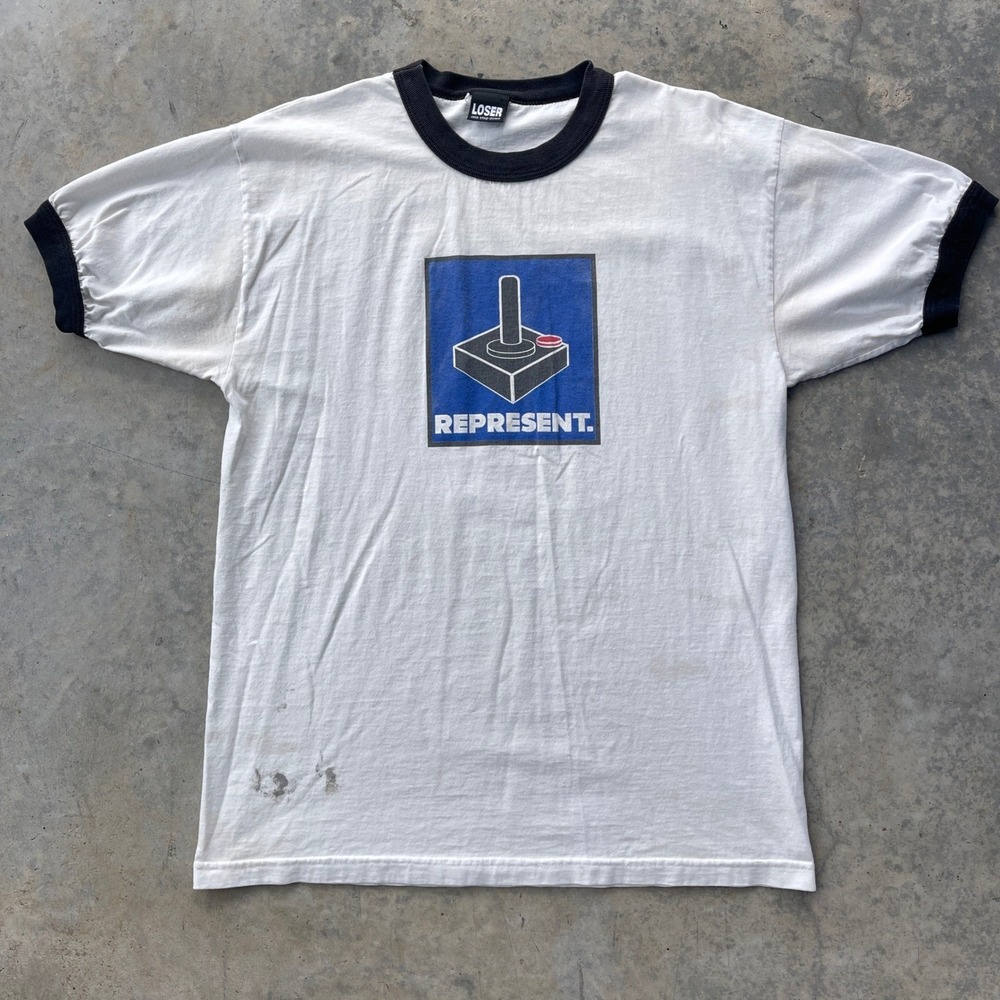 Atari Represent Joystick Loser One Step Down Ringer T-Shirt Mens L White Graphic